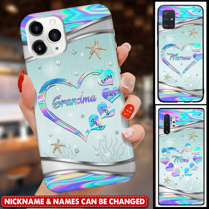 Discover Sparkling Hologram Turquoise Heart Grandma Auntie Mom Kids Personalized Glass Phone Case