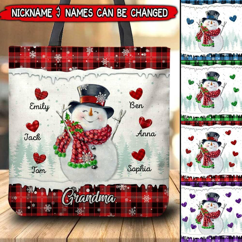 Discover Christmas Happy Snowman Nana Mom Sweet Heart Kids Personalized Tote Bag
