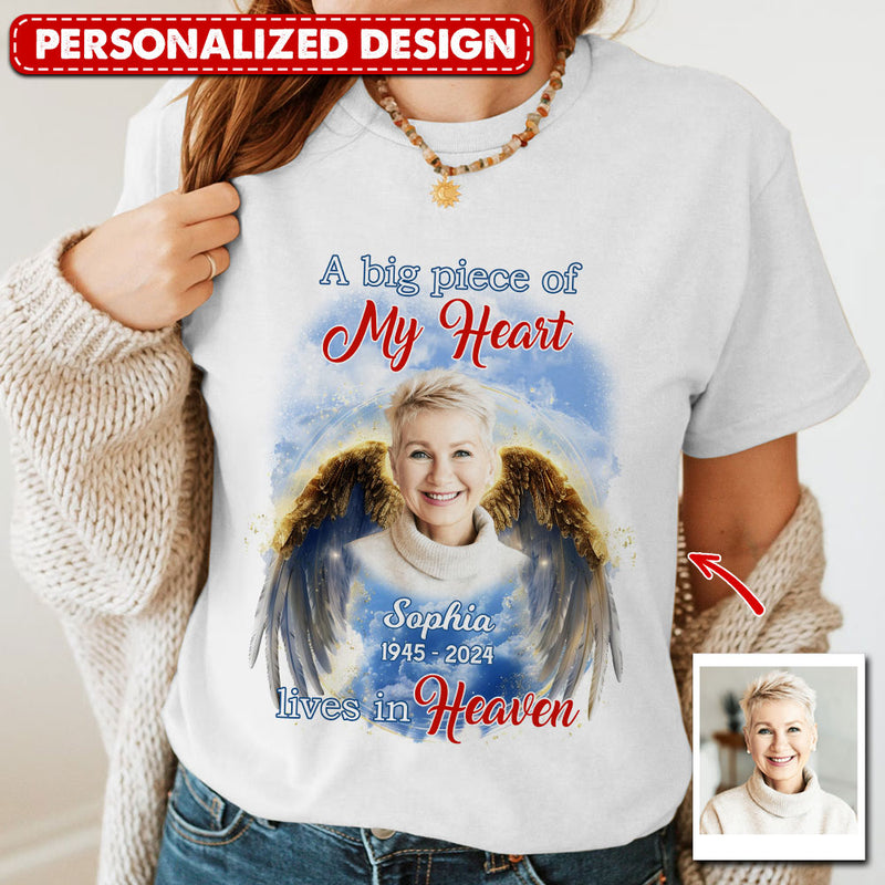 Discover Memorial Upload Photo Blue Gold Wings, A Big Piece Of My Heart Lives In Heaven Personalized Shirt
