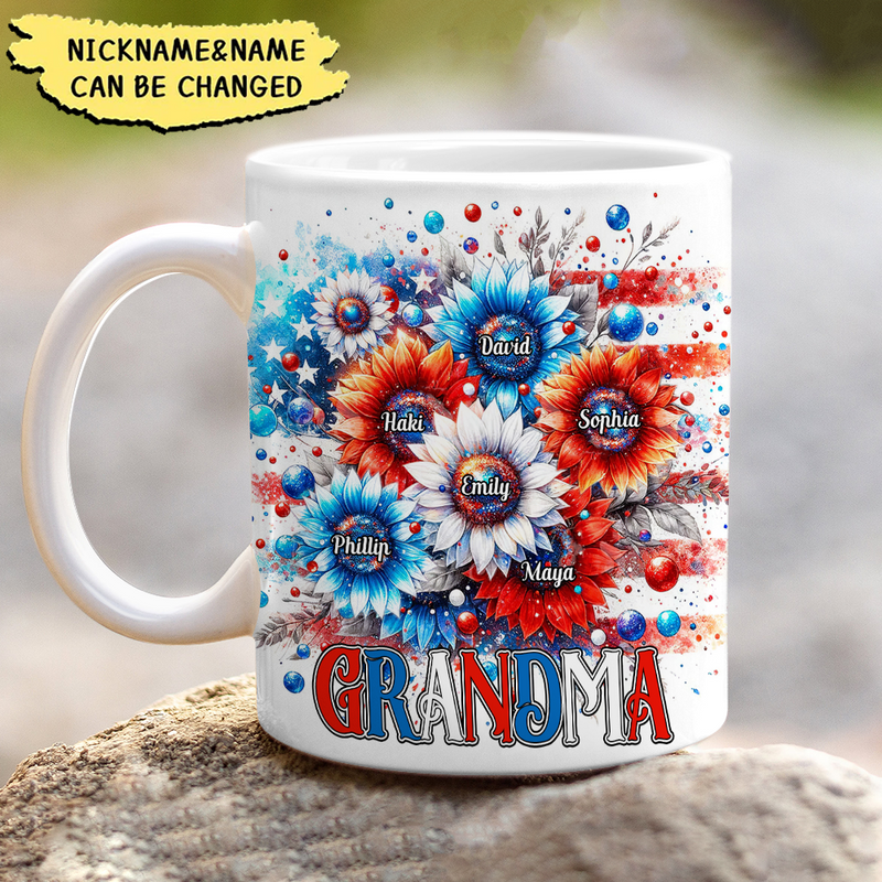Discover 4th of July American Flag Pattern Grandma Auntie Mom Colorful Flower Kids Personalized Mug