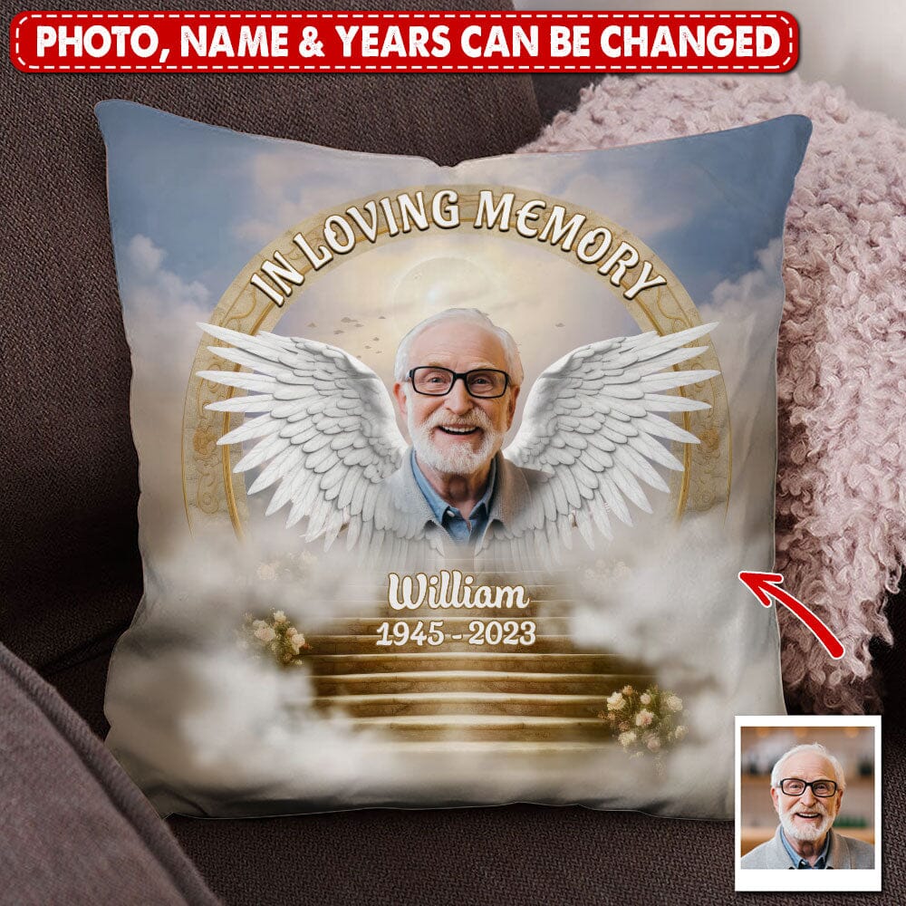 Memorial Custom Photo Wings Stairs To Heaven, In Loving Memory Personalized Pillow LPL14DEC23TP3 Pillow HumanCustom - Unique Personalized Gifts Made Just for You 12x12in 