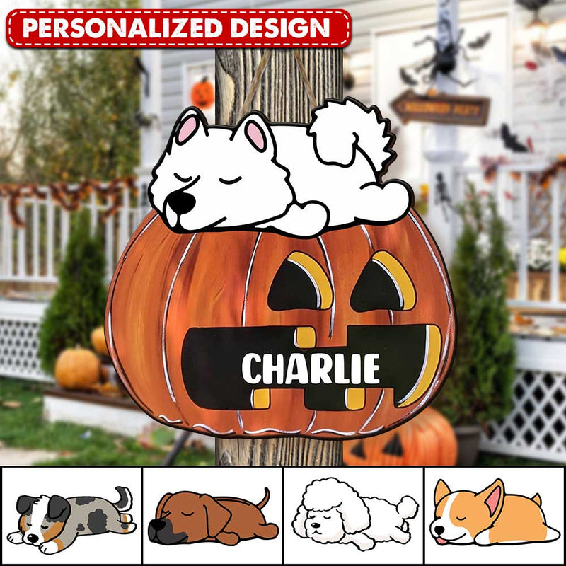 Discover Cute Sleeping Puppy Pet Dogs On Scary Pumpkin Personalized Wooden Sign