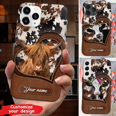Retro Country Farm Love Cows Cattle Black And Brown Cowhide Leather Pattern Personalized Phone Case LPL17APR23CT1 Silicone Phone Case Humancustom - Unique Personalized Gifts Iphone iPhone 14