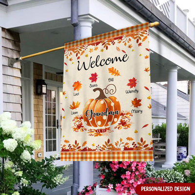 Autumn Fall Season Pumpkin Grandma Mom Leaves Kids Personalized House Garden Flag LPL18JUL23NA1