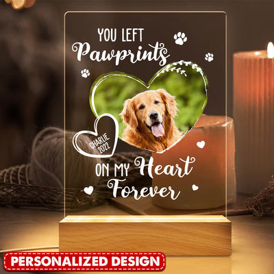 Memorial Upload Pet Photo, You Left Pawprints On My Heart Forever Personalized Acrylic Plaque Led Lamp Night LPL20APR24TP2