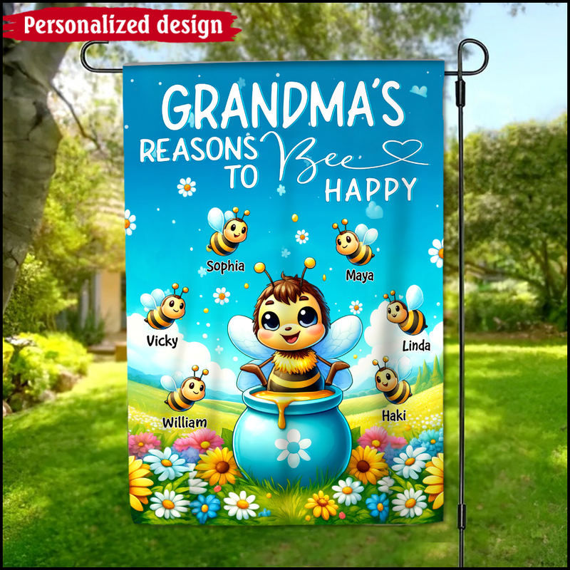 Discover Grandma Mom's Reasons To Bee Happy Personalized Garden House Flag