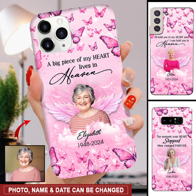 Memorial Pinky Butterfly Wings Upload Photo, A Big Piece Of My Heart Lives In Heaven Personalized Phone Case LPL21MAR24NY1