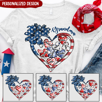 4th of July American Flag Sunflower Nana Auntie Mom Sweet Heart Kids Personalized Shirt LPL22APR24NY1