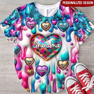 3D Inflated Effect Coloful Sweet Heart Grandma Mom Kids Dripping Background Personalized 3D T-shirt LPL24APR24NY1
