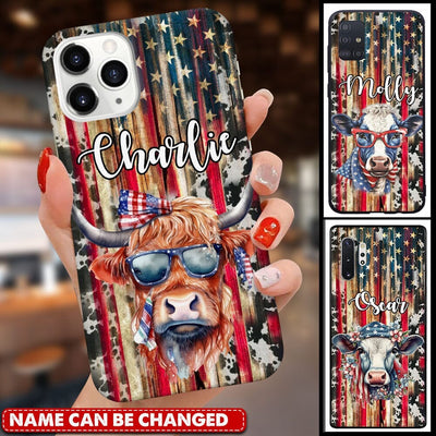 4th Of July American Flag Love Highland Holstein Cow Cattle Farm Personalized Phone Case LPL23MAY23TP3