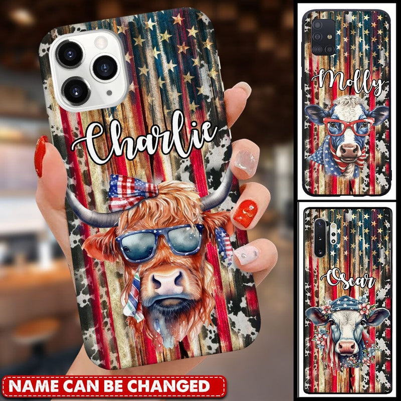 Discover 4th Of July American Flag Love Highland Holstein Cow Cattle Farm Personalized Phone Case