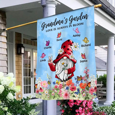 Red Gnome Grandma Auntie Mom's Garden Butterfly Kids, Love Is Always In Bloom Personalized Flag LPL25APR23KL2 Flag Humancustom - Unique Personalized Gifts