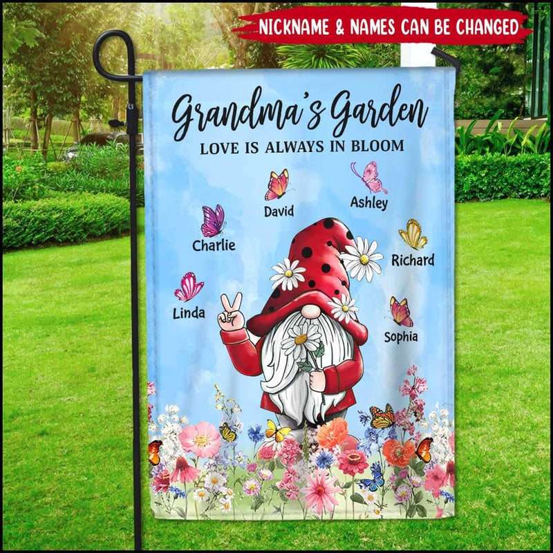 Discover Red Gnome Grandma Auntie Mom's Garden Butterfly Kids, Love Is Always In Bloom Personalized Flag