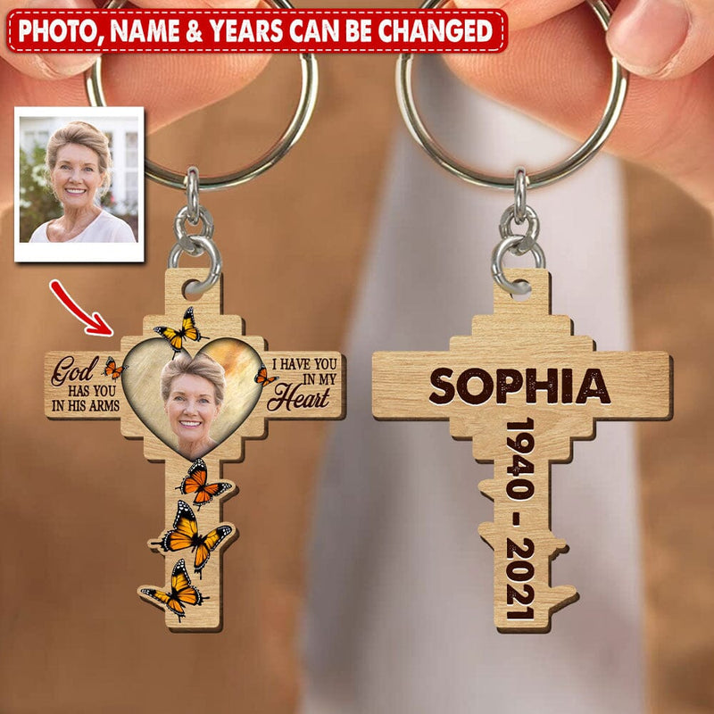 Discover Memorial Insert Photo Cross Butterfly, God Has You In His Arms Custom Wooden Keychain
