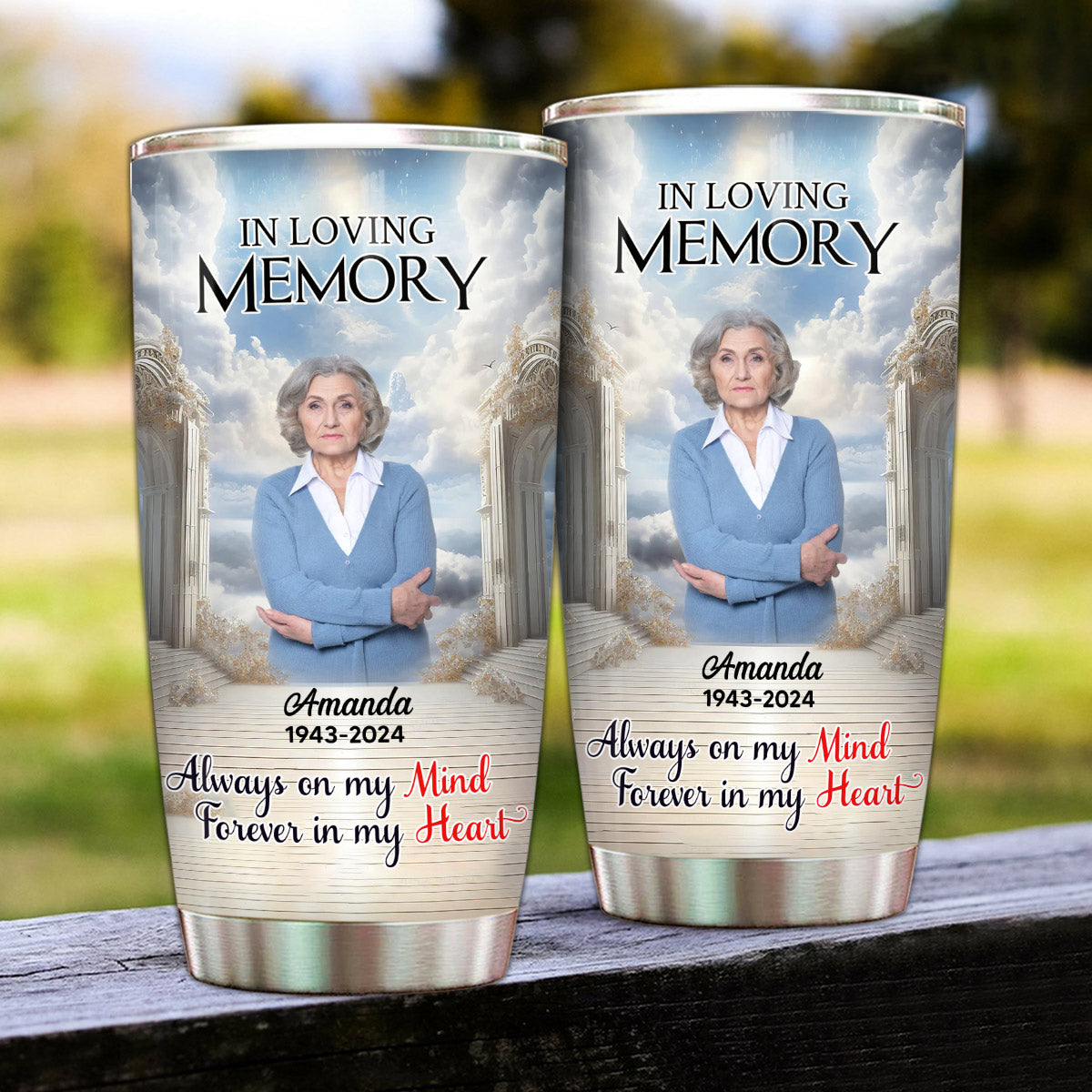 In Loving Memory Upload Photo Heaven Gate Sky, A Big Piece Of My Heart Lives In Heaven Personalized Tumbler LPL28MAY24VA1