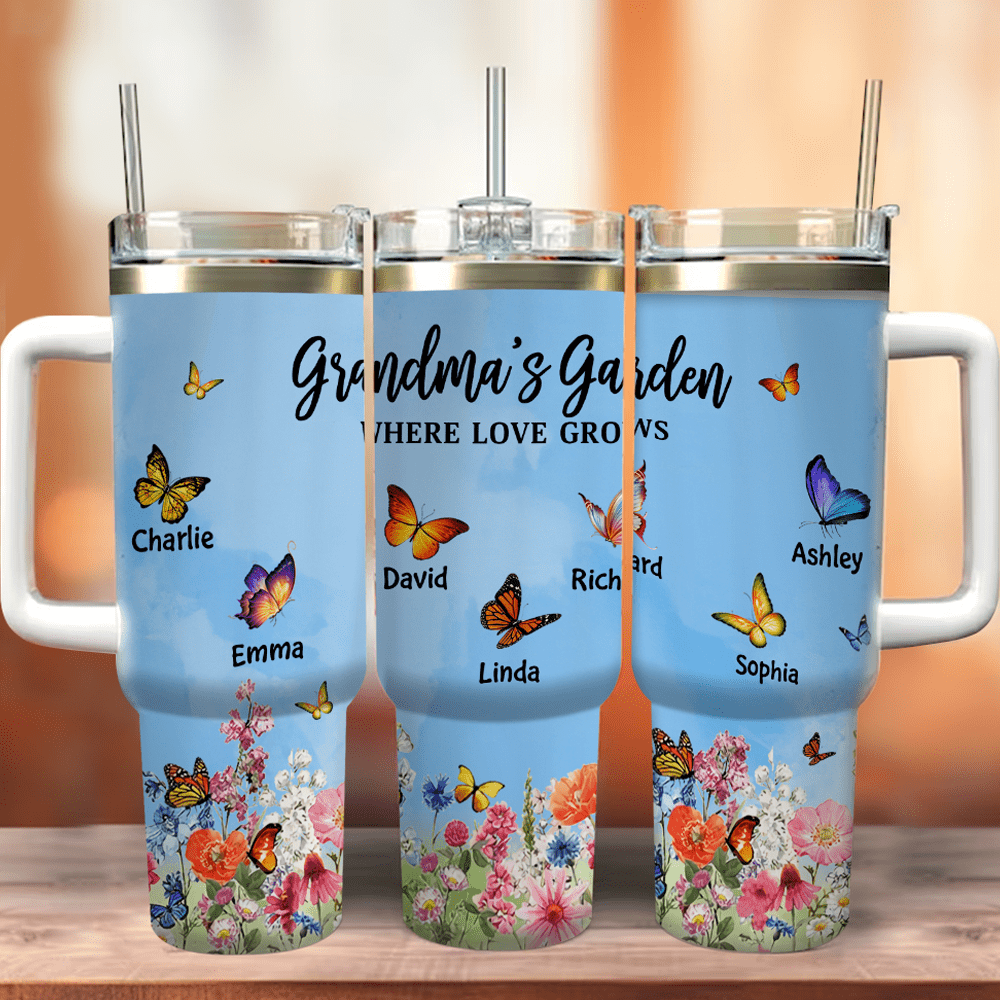 Grandma Auntie Mom's Garden Butterfly Kids, Where Love Grows Personalized Tumbler with Straw LPL30NOV23KL1 Tumbler With Straw HumanCustom - Unique Personalized Gifts Made Just for You 