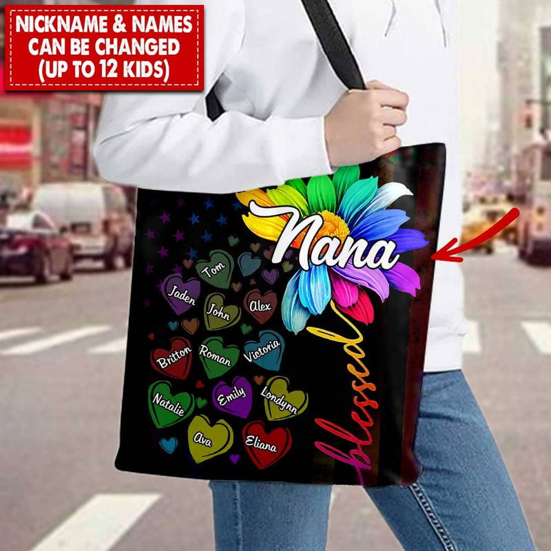 Discover Nana, Grandma with grandkids Rainbow Flower Personalized Tote Bag