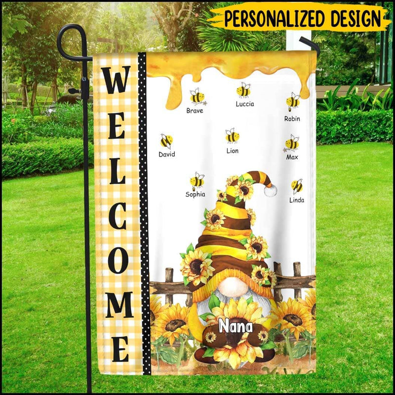 Welcome bee gnome spring flowers personalized grandma's house flag