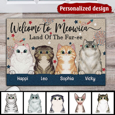 Personalized Cat Doormat Welcome to Meowica Land of the Fur-ee 4th of july NTA31MAY23KL1