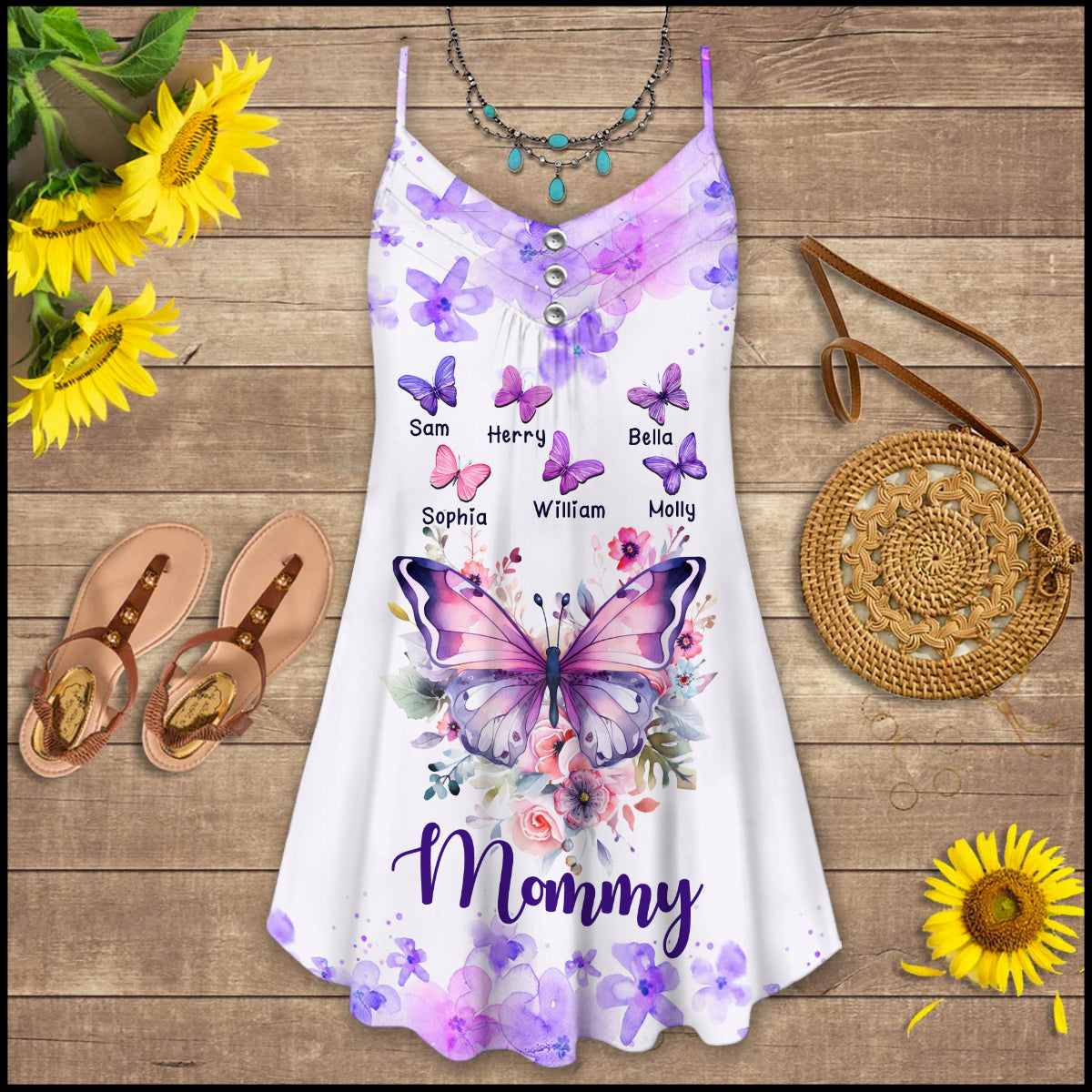 Personalized Watercolor Floral Pastel Grandma Butterfly With Custom Kids Summer Dress - NTD05APR24TT1