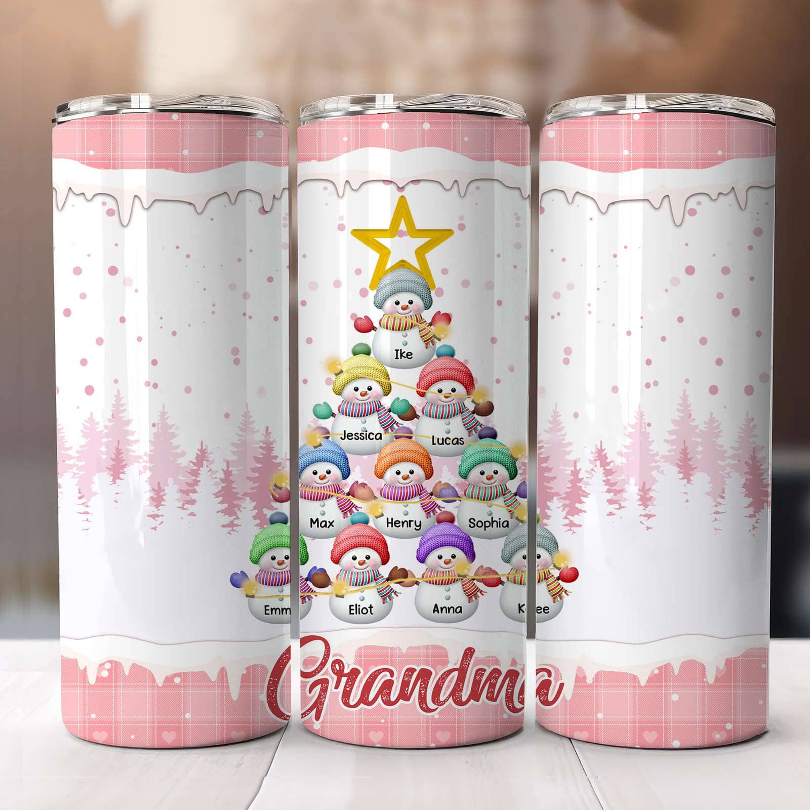 Personalized Snowman Christmas Tree Shape Pink Skinny Tumbler - NTD08NOV23VA4 Skinny Tumbler HumanCustom - Unique Personalized Gifts Made Just for You 