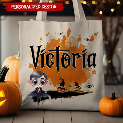 Personalized Halloween Canvas Tote Bag Customized Pumpkin Witch Black Cat Castle Skeleton Ghost for Kids - NTD11AUG23TT1