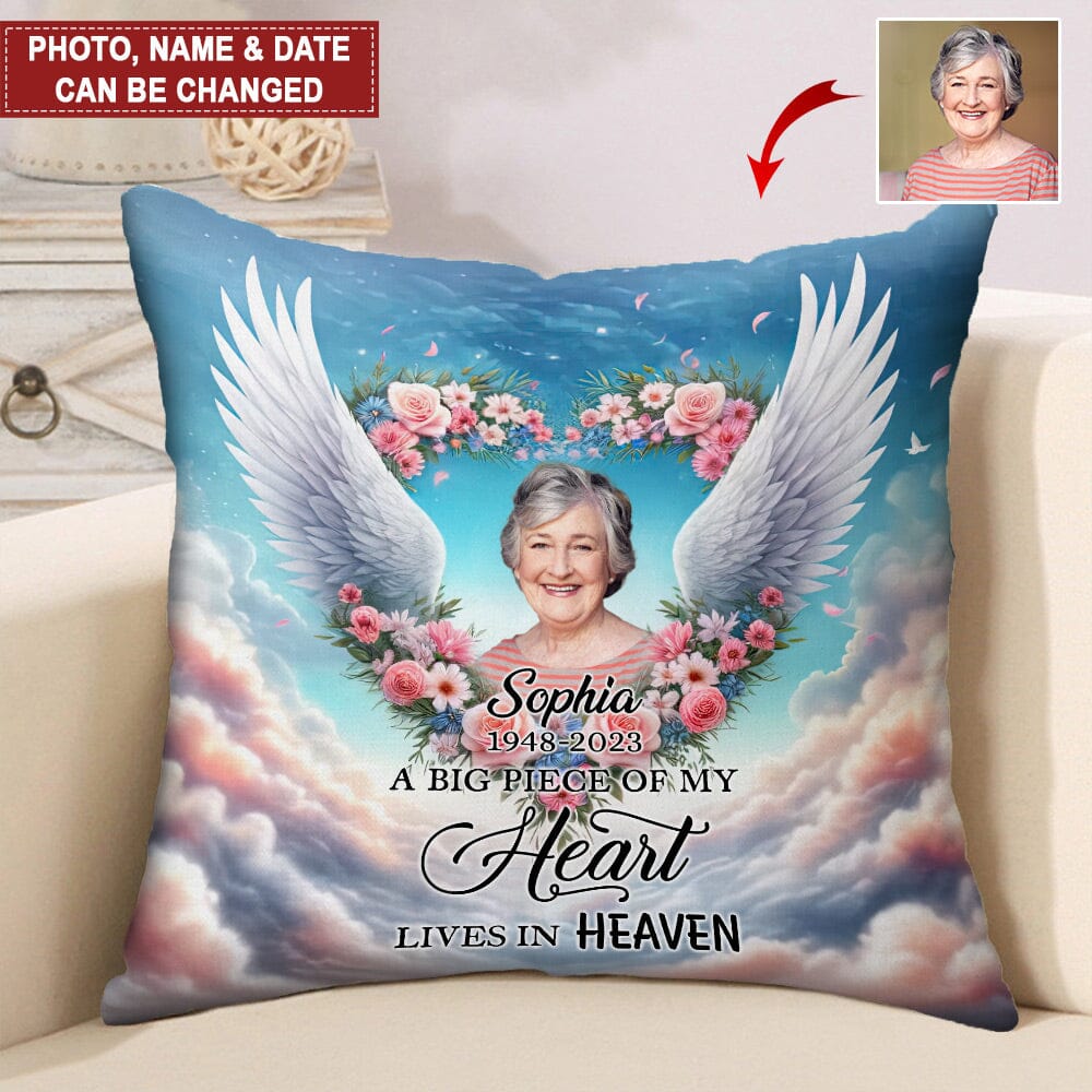 Custom Personalized Angel Wings Memorial Photo Pillow - Memorial Gift Idea for Family - A Big Piece Of My Heart Lives In Heaven - NTD13DEC23NY2 Pillow HumanCustom - Unique Personalized Gifts Made Just for You 12x12in 