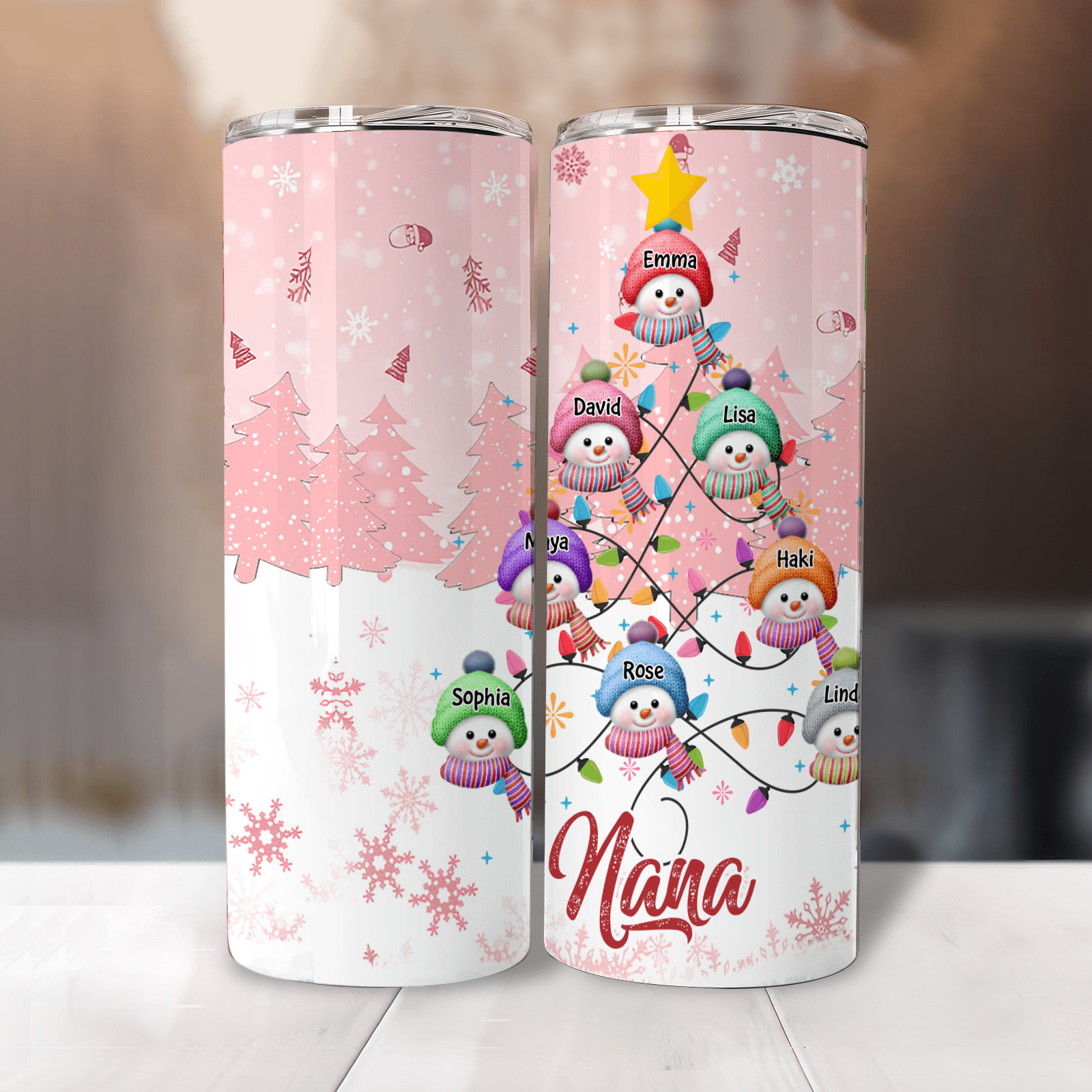 Cute Snowman Kids With Led Light Pine Tree Shape - Personalized Skinny Tumbler For Grandma - NTD13NOV23KL1 Skinny Tumbler HumanCustom - Unique Personalized Gifts Made Just for You 