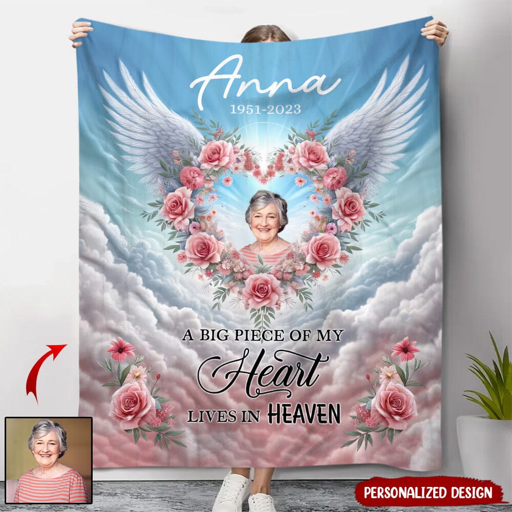 Personalized Angel Wings Memorial Blanket Custom Photo - A Big Piece Of My Heart Lives In Heaven - NTD14DEC23NY2 Fleece Blanket HumanCustom - Unique Personalized Gifts Made Just for You Small (30x40in) 