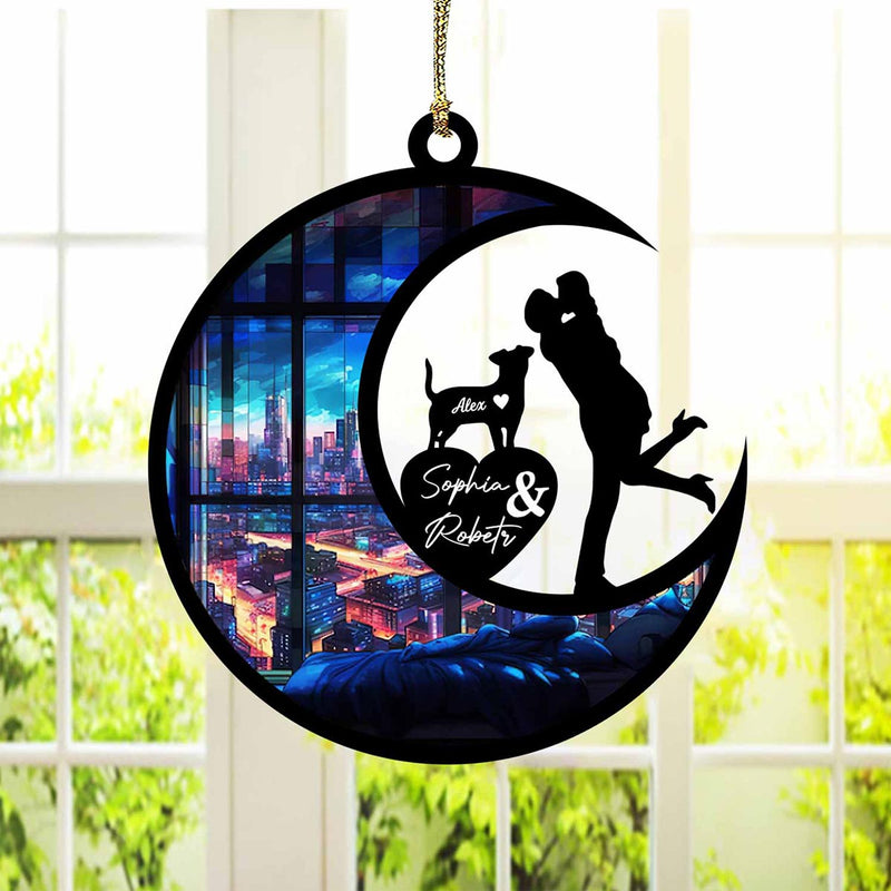 Couple and Dog on Moon Personalized Family, Couple And Pet Suncatcher Ornament
