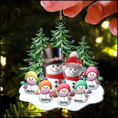 Granparents/Parents Snowmen With Baby Kids In Pine Tree Forest - Personalized Shape Ornament - NTD22NOV23KL2