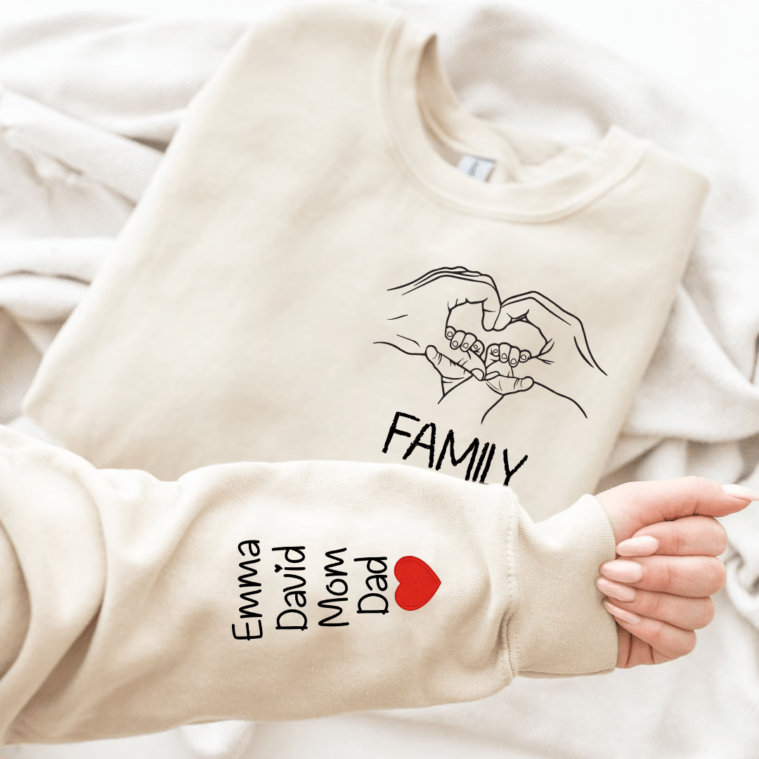 Personalized Embroidered Sweatshirt Family Hands Heart - NTD28NOV23KL1 Embroidered Sweatshirt HumanCustom - Unique Personalized Gifts Made Just for You 