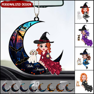 Gift For Witch Lover, Halloween Gift, Pretty Witch With Pet - Personalized Car Ornament - NTD29AUG23KL2