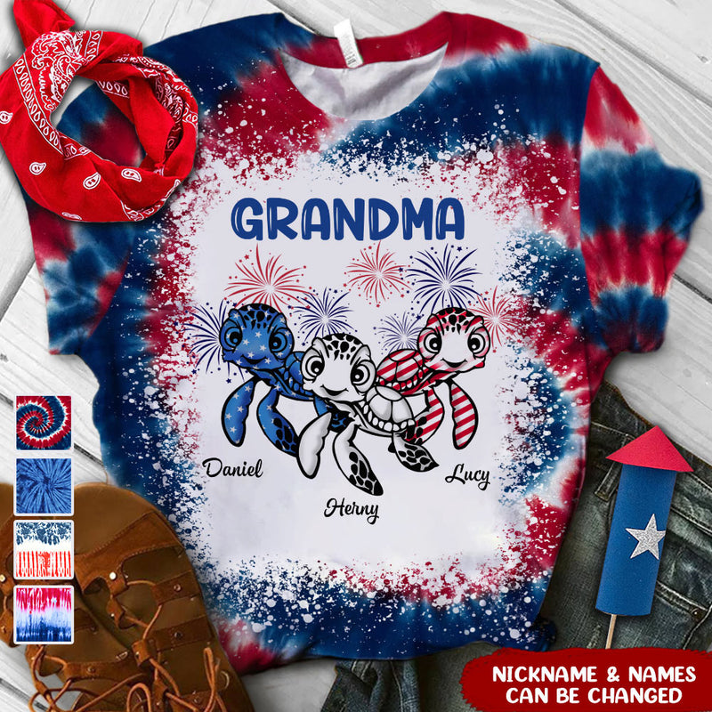 Discover 4th July Firework With Turtle Kid Name Grandma, Mom Personalized 3D T-Shirt
