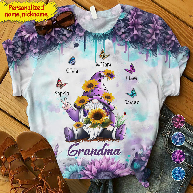 Sunflower Gnome Grandma With Butterfly Kid Name Personalized 3D Shirt
