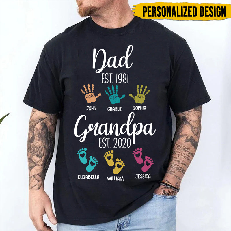 Discover Dad Grandpa Hand Foot Prints Kid Name Personalized T-shirt
