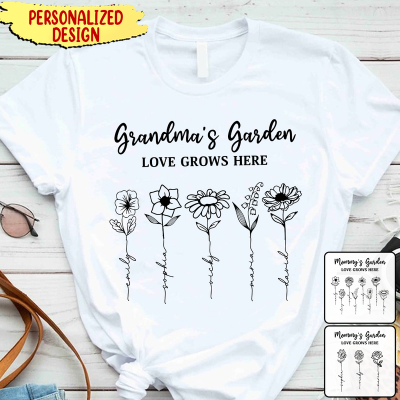Discover Grandma's Garden Love Grows Here Flower Kid Name Personalized T-shirt