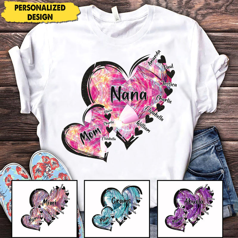 Discover Sparking Pattern Grandma Mom Heart With Kid Names Personalized T-shirt