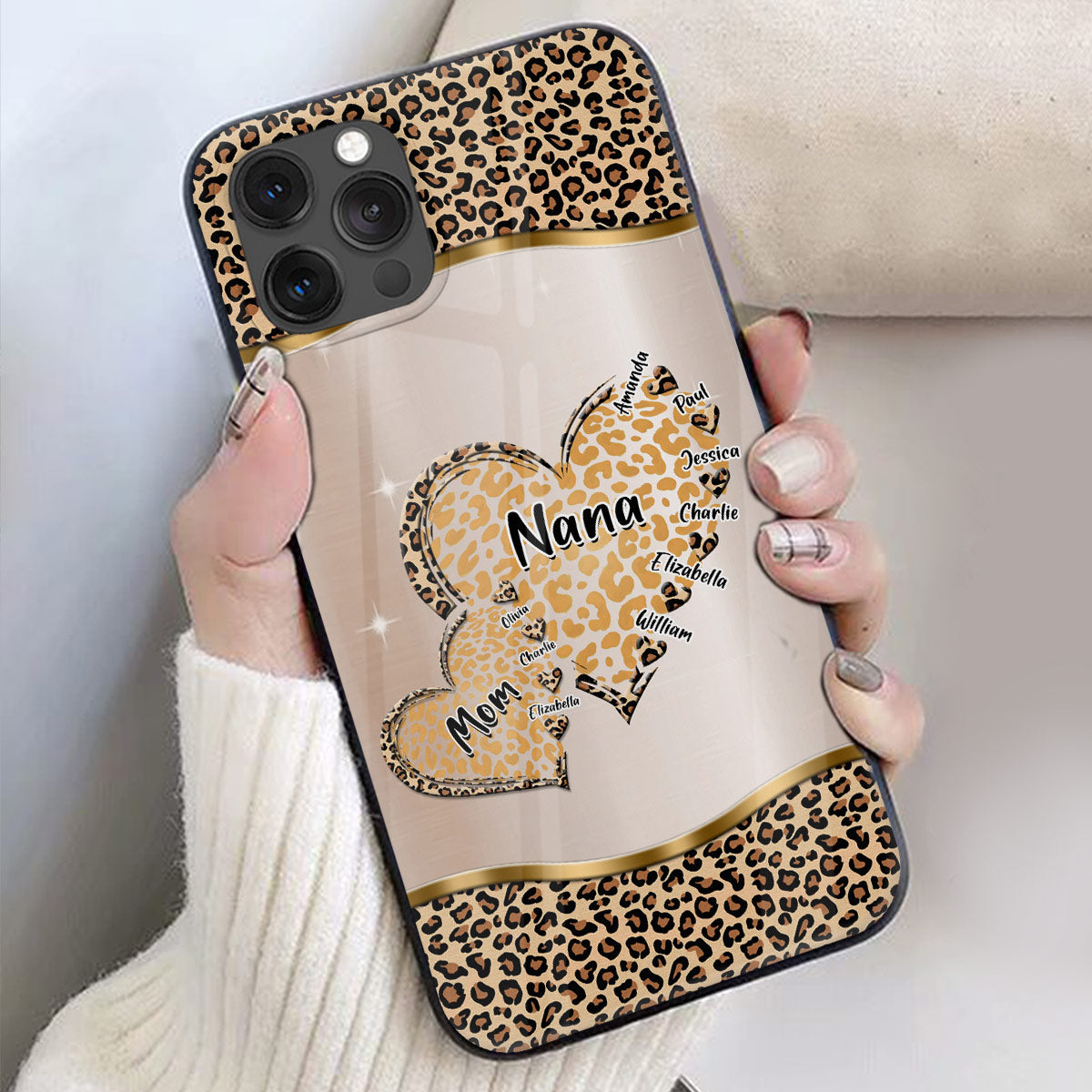 Two Heart Grandma And Mom With Kid Names Personalized Glass Phone Case NTK21JUN24VA2