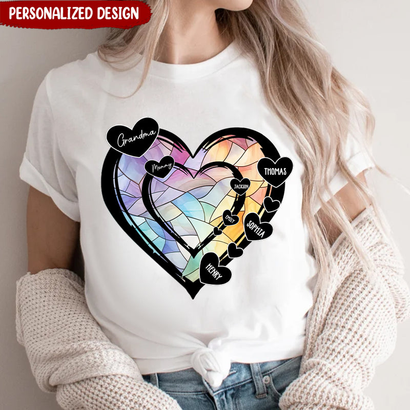 Discover Heart In Heart Grandma Mom Kid Names Stained Glass Pattern Personalized T-shirt