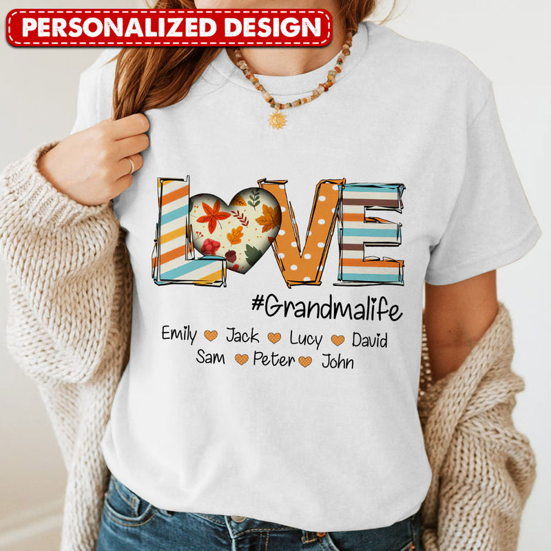 Discover Love Grandmalife Fall Season Pattern With Kid Names Personalized T-shirt