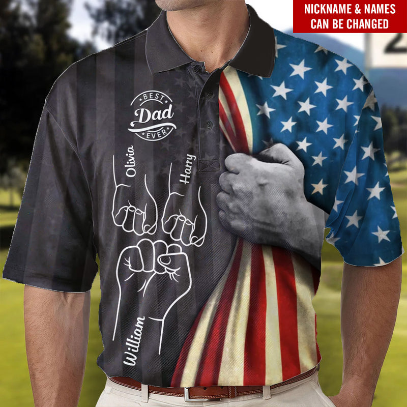 Discover Hand Dad, Grandpa Pull American Flag Fist Bump With Kids 3D Polo Shirt