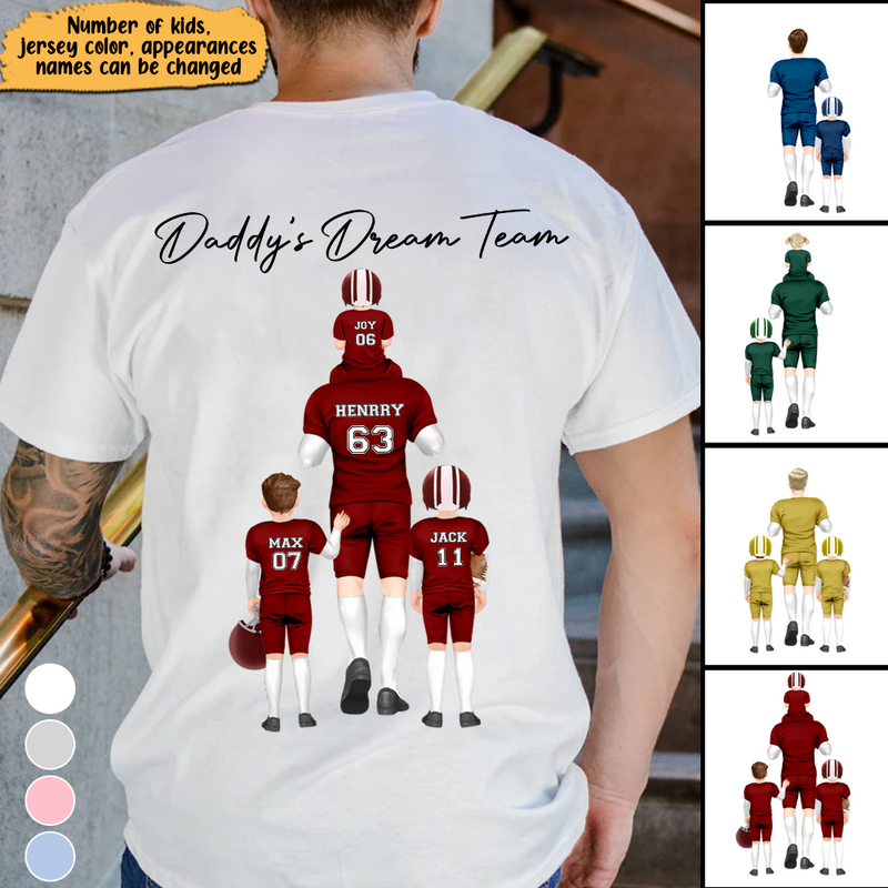 Discover American Football Daddy's Dream Team With Kids Personalized Back Print T-shirt