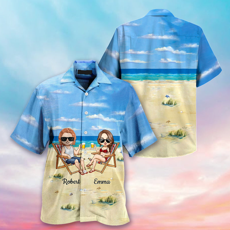 Discover Couple Cheering and Sitting On Beach Personalized Hawaiian Shirt