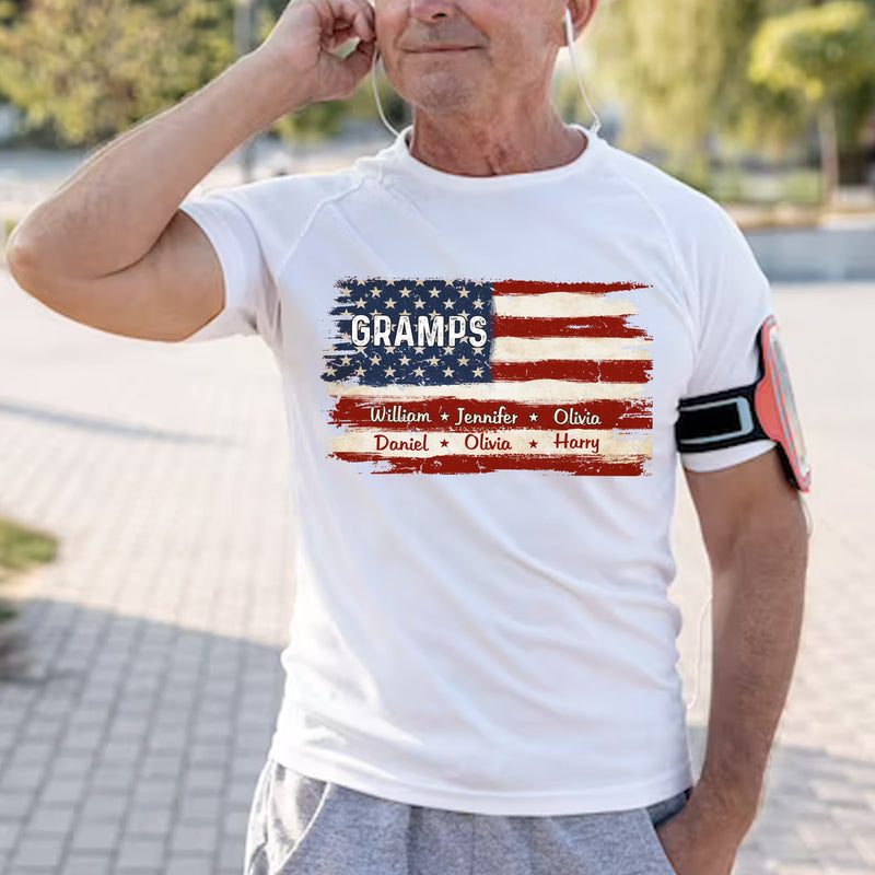 Discover Grandpa Dad Personalized With Kid Name In American Flag T-Shirt