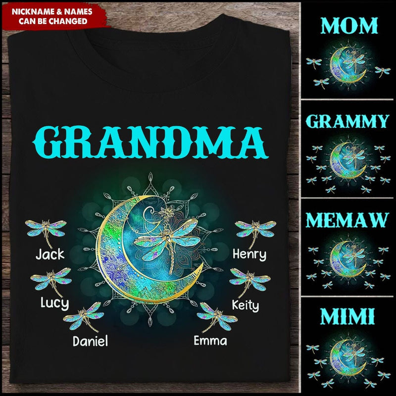Discover Personalized Grandma Mom Nana Grandkids Dragonfly Moon Custom T-Shirt