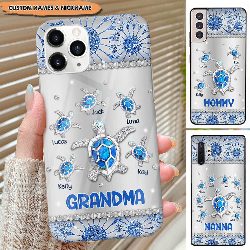 Discover Grandma with Grandkids Blue Turtle Personalized Mommy, Nana, Grandma, Auntie Phone Case