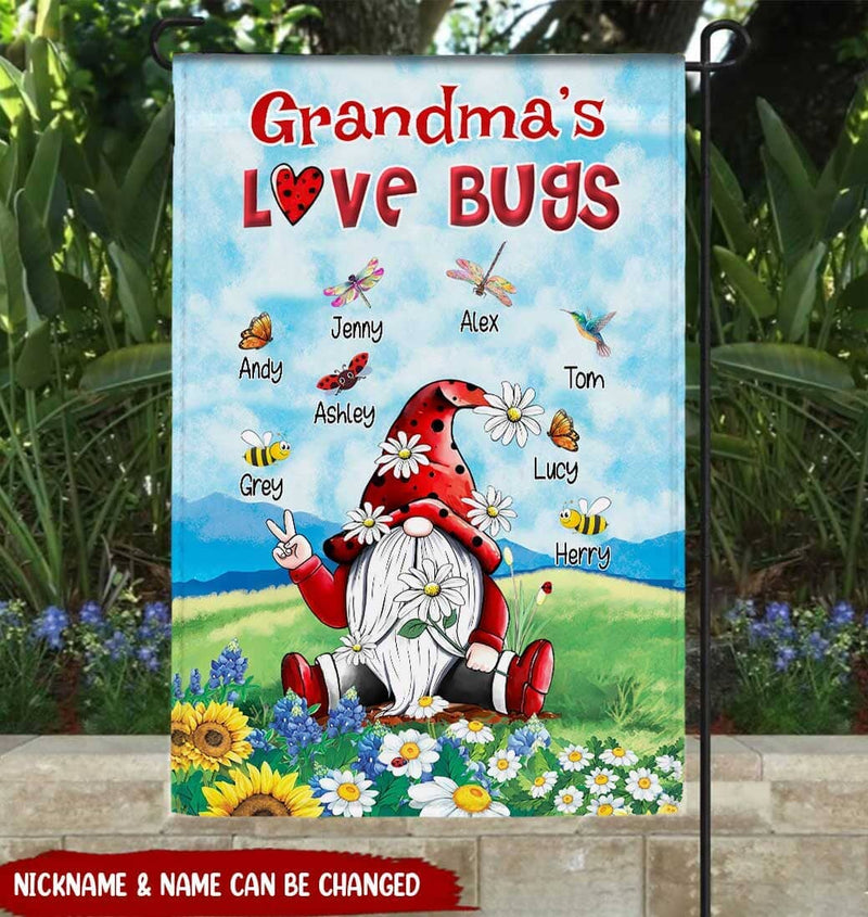 Discover Grandma's Love Bugs Gnome Personalized Flag