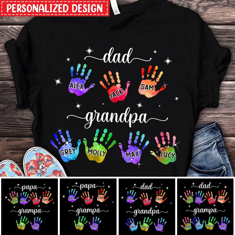 Dad Grandpa Colorful Hand Print Personalized Gift For Father's Day Custom T-Shirt