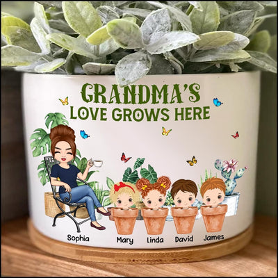 Personalized Grandma's Love Grows Here Cute Grandkids Ceramic Plant Pot NTN29MAR23XT1 Ceramic Plant Pot Humancustom - Unique Personalized Gifts